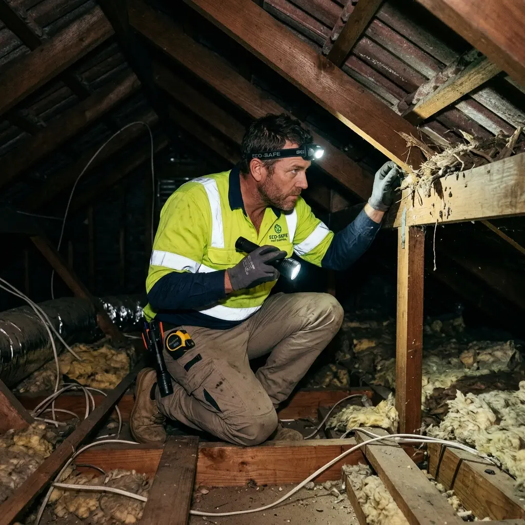 Technician inspecting a Balaclava subfloor void for a deceased cat