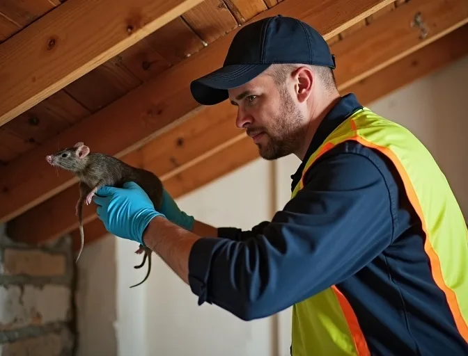 Technician inspecting a roof cavity for a dead rat in Balaclava